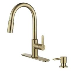 Glacier Bay Paulina Single Handle Pull Down Sprayer Kitchen Faucet with TurboSpray, FastMount and Soap Dispenser in Matte Gold