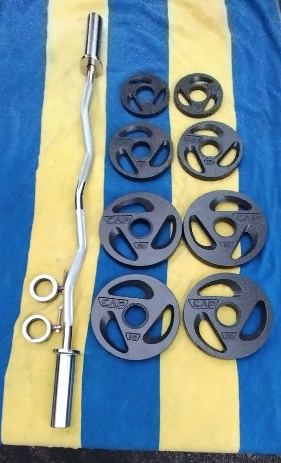 NEW CAP CURL BAR. &. EASY GRIP OLYMPIC PLATES : FOUR 10s & (PAIRS OF) : 5s & 2.5s