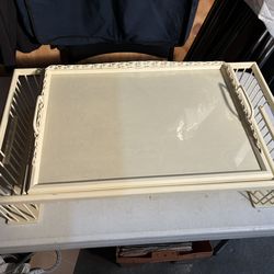 Vintage wood bed tray, made of wood, with glass top and some wicker.