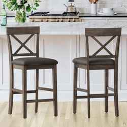 Cozyman 26" Wood Bar Stools Set of 2, Counter Height Bar Stools with Classical X-Shaped Back, Solid Barstools with Rubber Wood Frames and Faux Leather