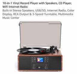 10-in-1 Vinyl Record Player with Speakers, CD Player, WiFi Internet Radio Built-in Stereo Speakers, USB/SD, Internet Radio, Color Display, RCA Output 