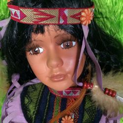Native American Porcelain Doll – 16” in Papoose – 30+ Yrs Old – Original Clothing