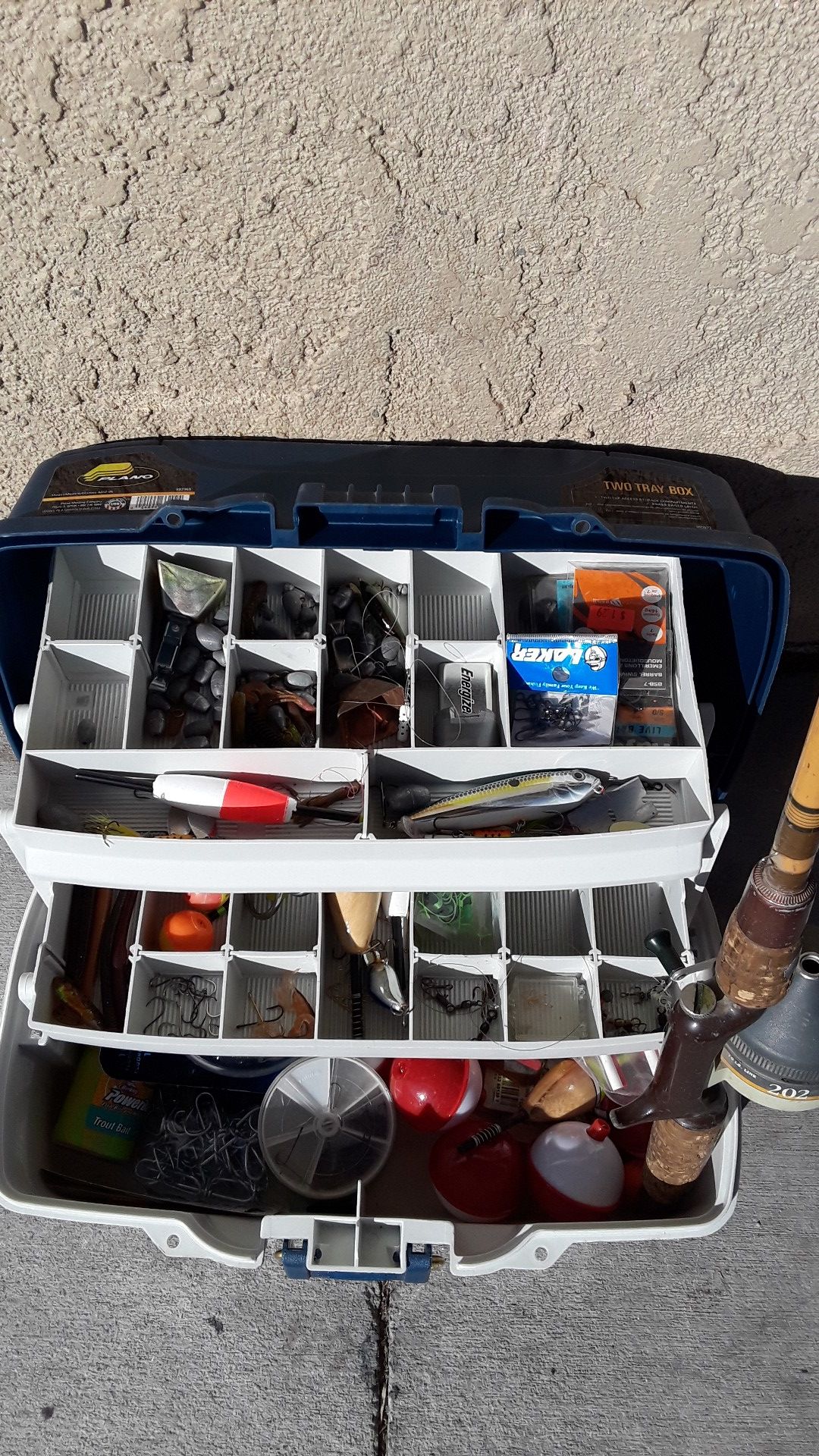 Two tray Plano tackle box and Heddon Pal Pro Weight Fishing Rod