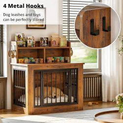 Dog Crate Furniture, 33.4 inches Wooden Small Dog Crate with Storage and 4 Hooks, Heavy Duty Pet Crate for Small Dog, Decorative Pet Cage for Indoor (