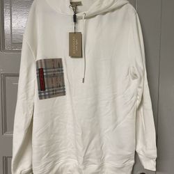 BURBERRY MENS WHITE CHECKERED POCKET HOODED SWEATSHIRT SIZE M