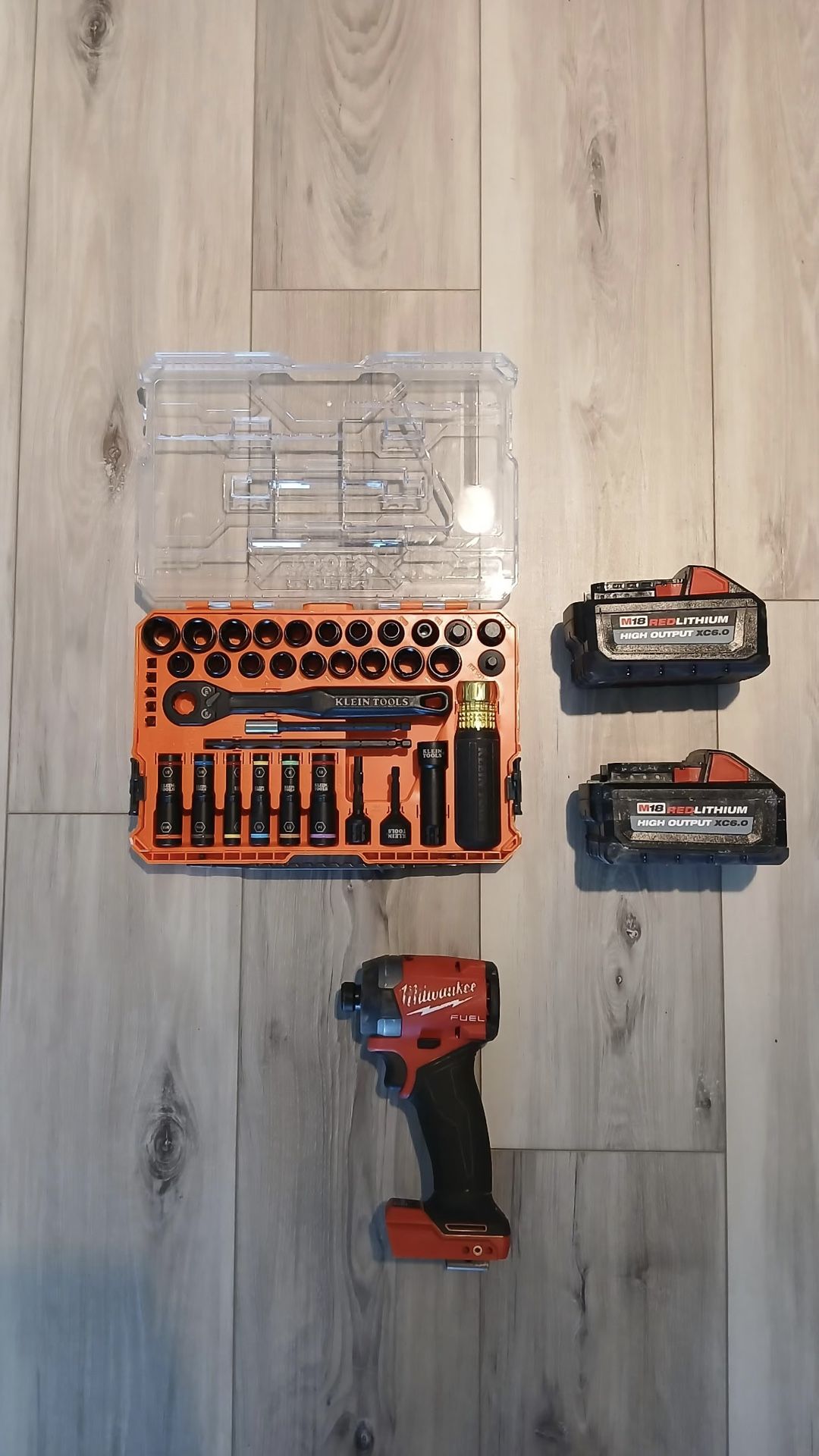 Milwaukee + Klein Tools Deep Socket Kit M18 Batteries Fuel Impact Drill