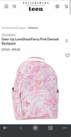 PBteen Gear-Up Backpack in the LoveShackFancy Pink Garden Party print, featuring a white base with a pink floral pattern and gold-tone hardware.