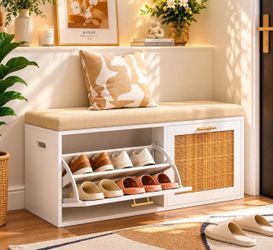 White Shoe Storage Bench with Rattan Door and Padded Seat