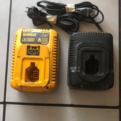 Two DEWALT power tool battery chargers 