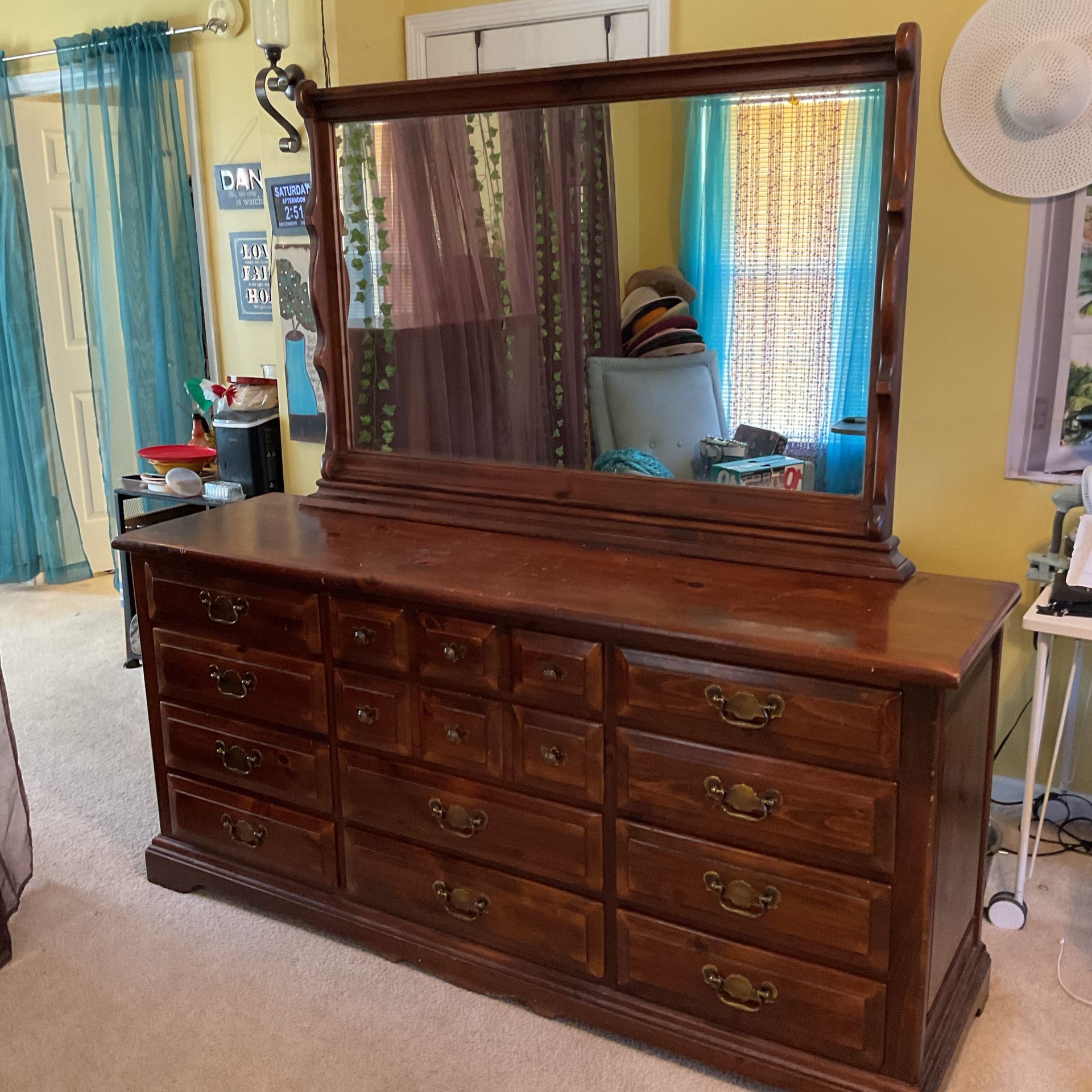 Vintage Brown Wood Long Dresser With A Mirror & Chest