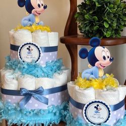 2 Blue Baby Shower Diaper Cakes with mouse Topper