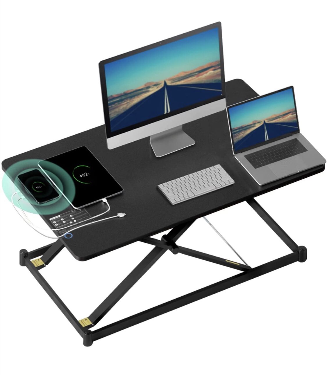 Electric Standing Desk Converter with Wireless Charging and 2 USB Ports, 34'' Height Adjustable Desk Converter with Height Memory Controller and Child