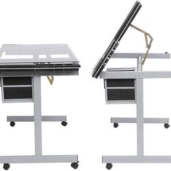Glass Top Drafting Table, Professional Drawing Desk Art Craft Work Station, Angle Adjustable w/Storage Drawers for Reading, Writing