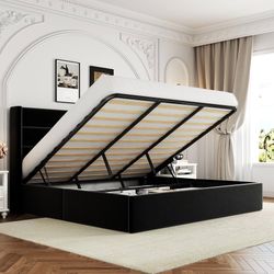 King Size Lift Up Hydraulic Storage Bed Frame Black Modern Wingback Headboard, Hydraulic Support Storage, No Box Spring Needed