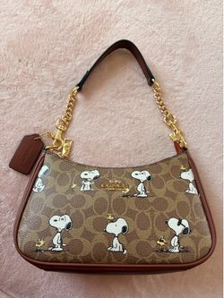 Coach Peanuts Snoopy Signature Logo Zip Teri Crescent Shoulder Bag