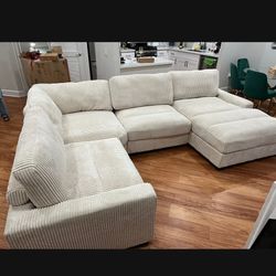 $0 Down!  New 4 Piece Modular Sectional.  Off White / Beige Corduroy Fabric.  90” X 127” X 66”.  Free Delivery!