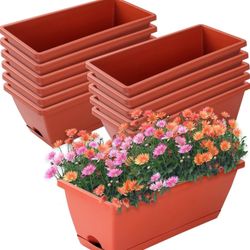 Window Box  Planters, 12 Pack Plastic Vegetable Flower Planters Boxes 17 Inches Rectangular Flower Pots with Saucers (Brick Red)