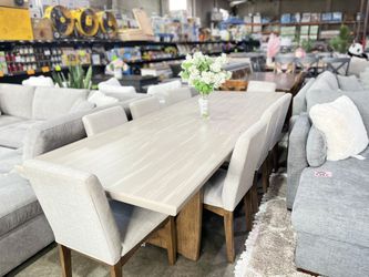 Wood Dining Set With 8 Grey Fabric Chairs 