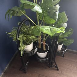 Planter Stand W/ 3 Faux Plants