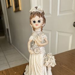 Vintage Royal Resin Girl Figurine w Number 15 Girl w Bow and Flowers White Dress