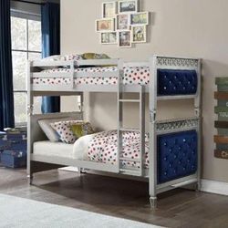 Brand New Luxurious Silver Twin bunk bed With Blue Velvet Upholstery And Crystal Tufting
