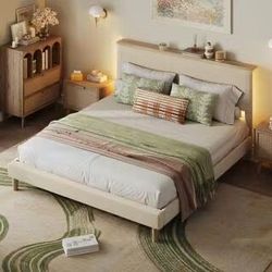 ❤️‍🔥 Beige Wood Frame Queen Velvet Upholstered Platform Bed Frame with Storage Headboard and LED Lights$110