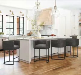 Set Of 4 26 in. Black Gray Low Back Bar Stool with Metal Frame Counter Height Faux Leather Upholstered Counter Stool
