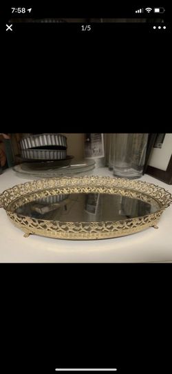 Antique Vintage Mirrored Vanity tray with ornate filigree feet over 60 years old 14” x 10” and 1 3/4 inches tall