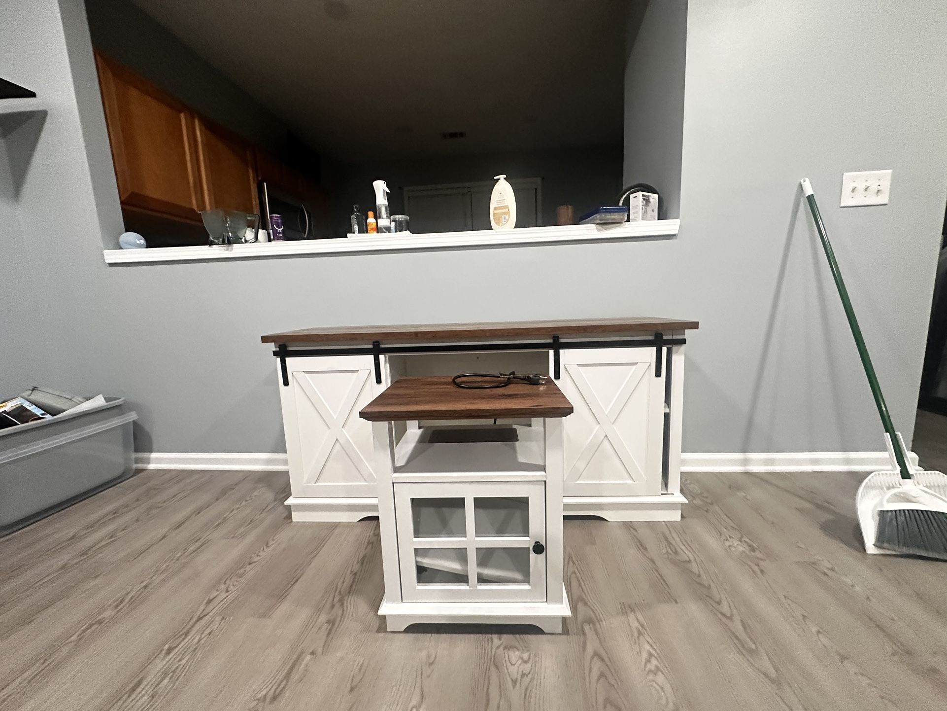 Farmhouse Barn Door TV Stand & Side Table Set – Engineered Wood top, Sliding Doors