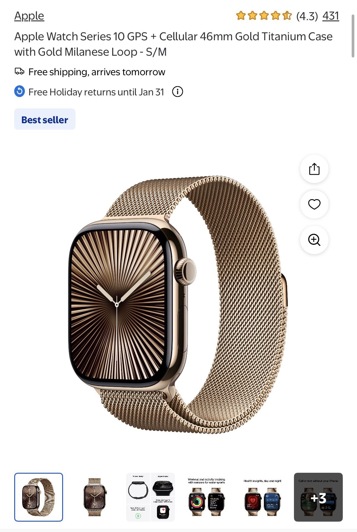 NEW Apple Watch Series 10 GPS + Cellular 46mm Gold Titanium Case with Gold Milanese Loop