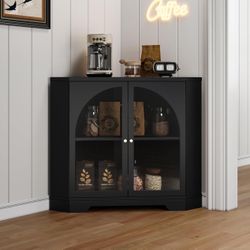 Mid-Century Modern Small Coner Storage Cabinet, Multi-functional Floor Coner Cabinet with Arched Acrylic Mullion Door & Adjustable Shelf for Living Ro