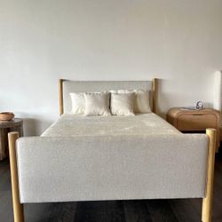 Designer Upholstered Bed Frame – Premium Fabric + Wood Details  (NEW) /🚚 FREE Local Delivery Available 