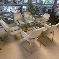 Barnard Clear Glass Top & Mirrored Gold Dining Room Set / 7pc