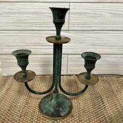 Brass oxidized green candelabra candle holder 