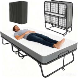 Folding Bed with Mattress, Twin Foldable Bed, Roll Away Beds for Adults, 75" x 31" Roll Away Portable Beds with 5" Mattress, Folded Frame for Small Ap
