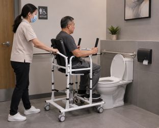Hydraulic Patient Lift Transfer Chair features a 180° split seat and functioning commode, priced around $999.