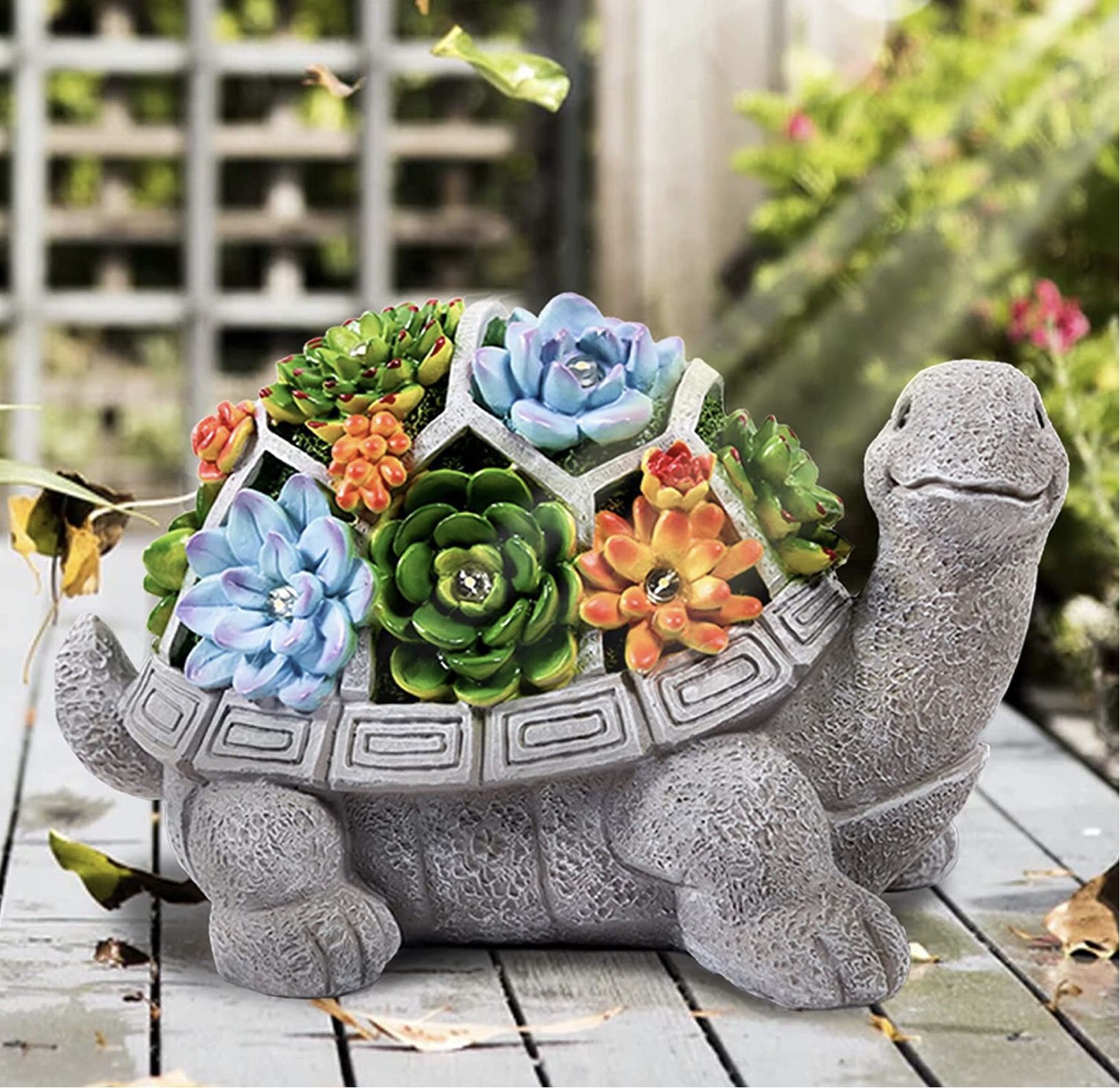 Solar Waterproof Garden Statue Turtle Figurine with Succulent and 6 LED Lights - Outdoor Lawn Decor Garden Tortoise Statue for Patio, Balcony, Yard, L