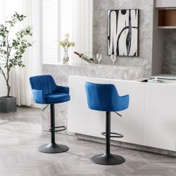 Set Of 2 - Blue Mid-Century Modern Swivel Bar Chairs w/ Adjustable (Counter & Bar) Height Matte Black Stems - [NEW IN BOX] **Retails For $265