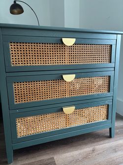 3-Drawer Rattan Dresser / Accent Cabinet – Green & Gold