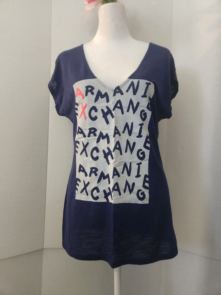 Armani Exchange Women's V-Neck T-Shirt Medium Blue 