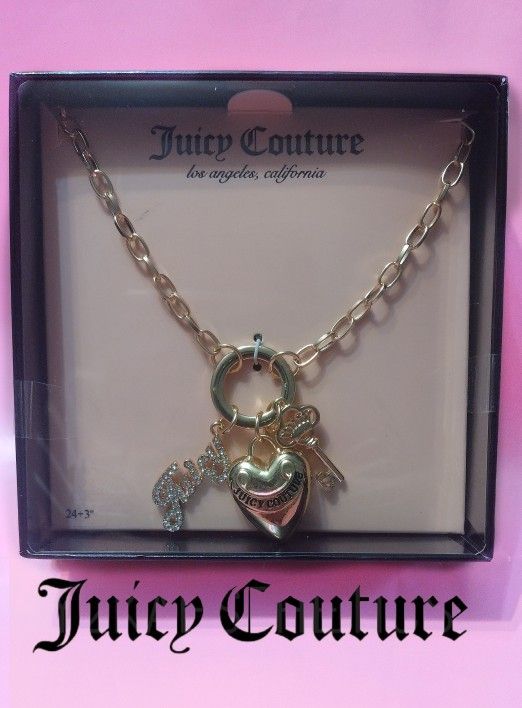 Juicy Couture Rhinestone Gold Charm Heart Chain Necklace 