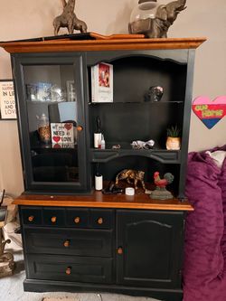 Black and Wood Two-Piece China Hutch Cabinet