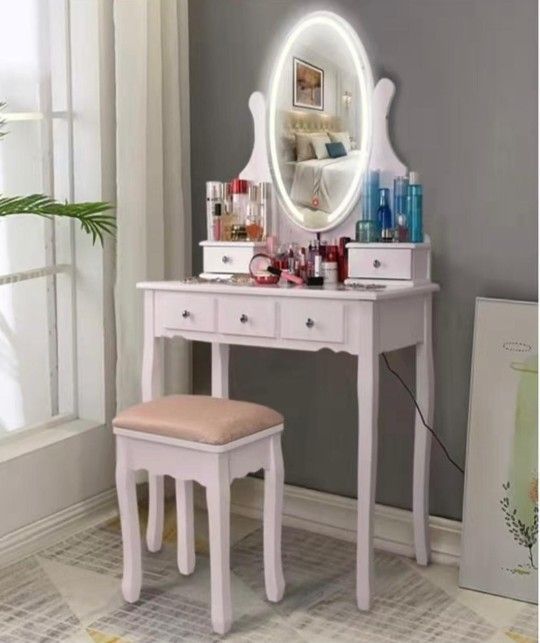 Vanity Table Set with Lighted Mirror, Makeup Dressing Table and Cushioned Stool Set with 5 Large Drawers for Women Girls