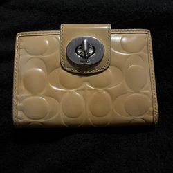 Beige Leather Coach Turnlock Wallet 
