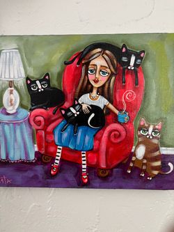 Cat Lovers. 8”x10” new original acrylic on canvas painting. Available at Coral Gables. Ready to hang! Signed by artist.