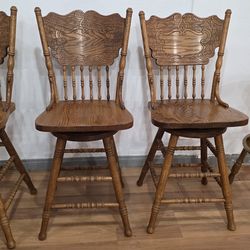 Vintage Solid Oak Swivel Bar Chairs + Matching Round Stool