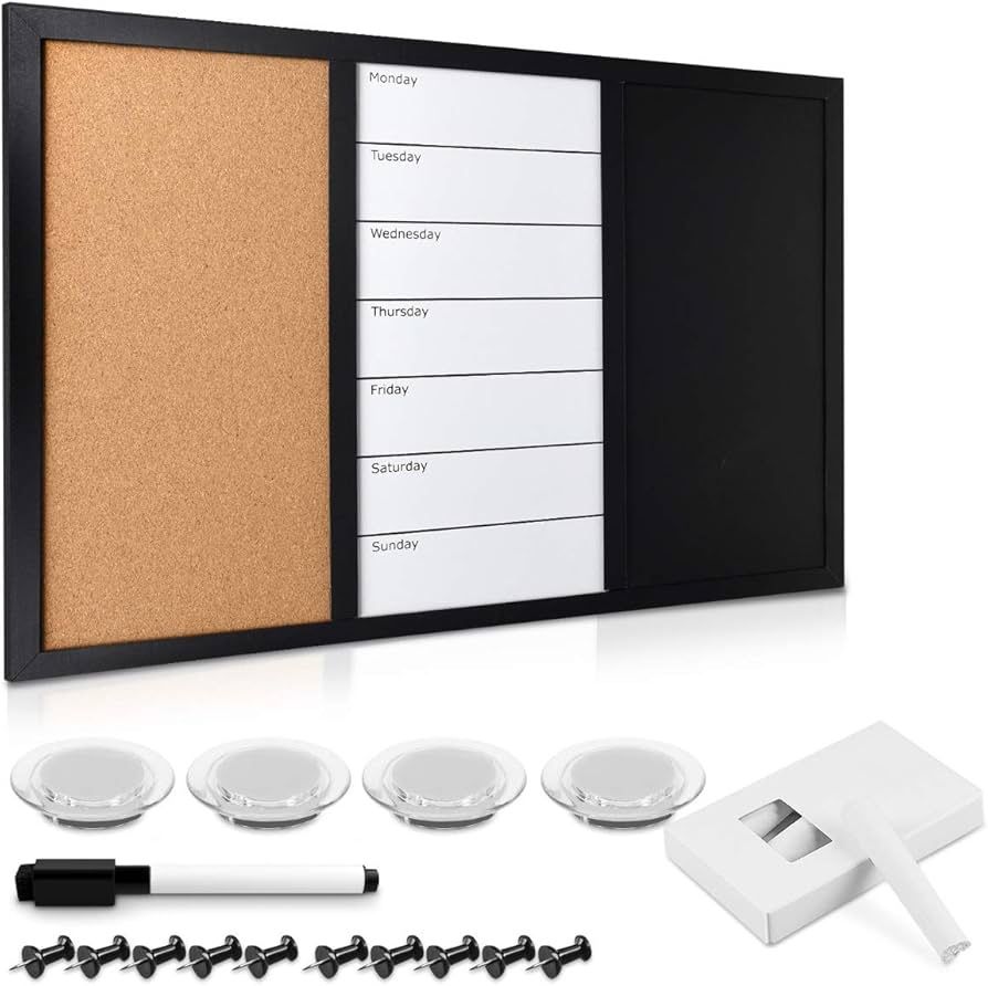 Corkboard/Whiteboard/Chalkboard Combo – 24 x 36 Inch Magnetic Dry Erase Bulletin Board Combo, Weekly Chalkboard Message Organizer