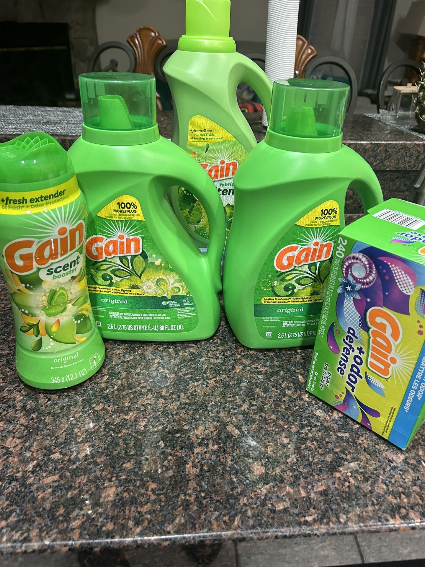 Gain Bundle Includes, Detergent, Scent Booster, Fabric Softener, and Dryer Sheets