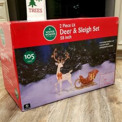 Brand New In 📦 Two Piece 58 Inch Tall Christmas Reindeer With Sleigh Set In UNOPENED Box 🦌🛷