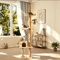 Floor To Ceiling Cat Tree High Cat Tree Sturdy Activity Tree Height 94-120 Inch Adjustable 6 Tier Cat Tower   Árbol para gatos de suelo a techo, alto 